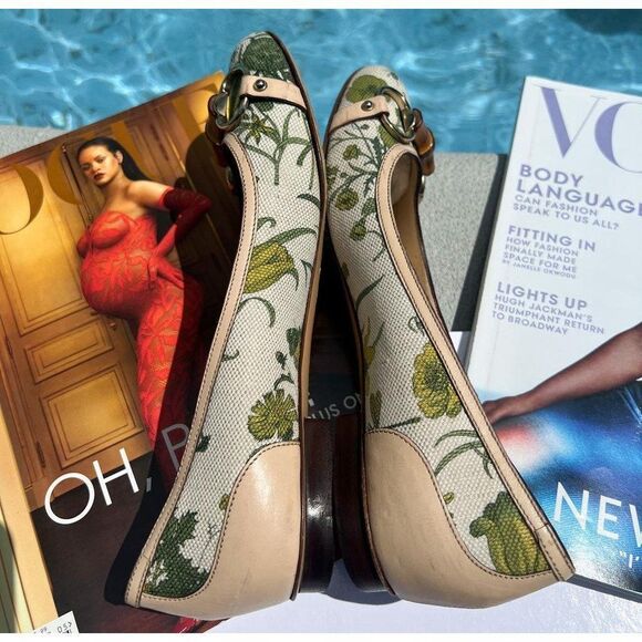 GUCCI Cream Floral Print Horsebit & Bamboo Accent Ballet Flats Size 7 - Picture 3 of 10